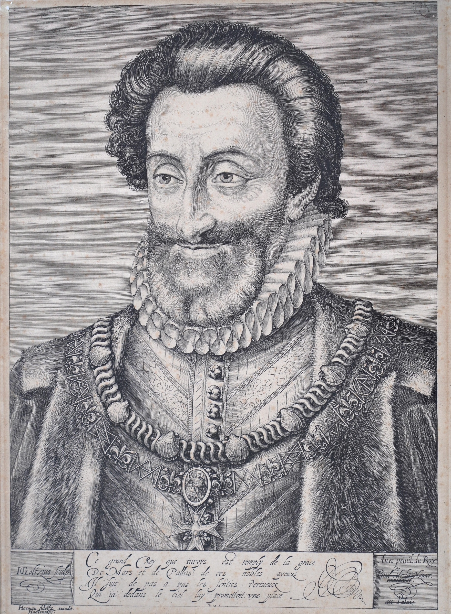 Hendrick Goltzius (German/Dutch, 1558–1617), Portrait of Henry IV, King of France, original engraving, 1595–98, 34.7 x 24.9cm